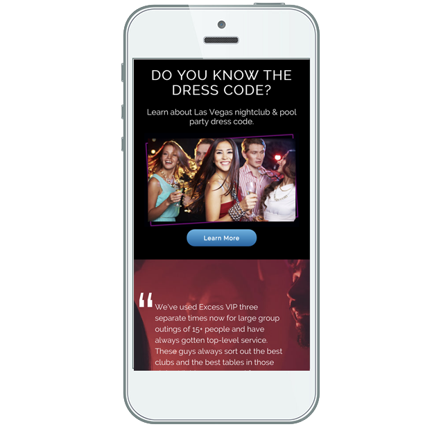 Excess VIP Las Vegas web site mobile view